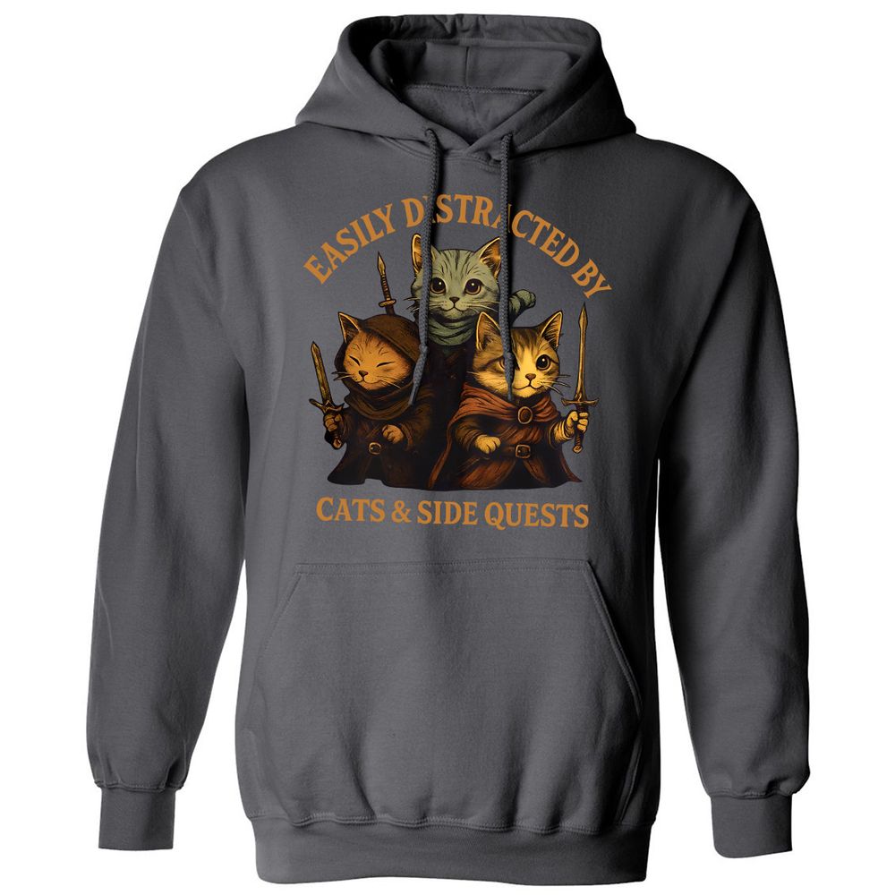 Easily Distracted By Cats & Side Quests Classic Unisex Hoodie - Charcoal - 7