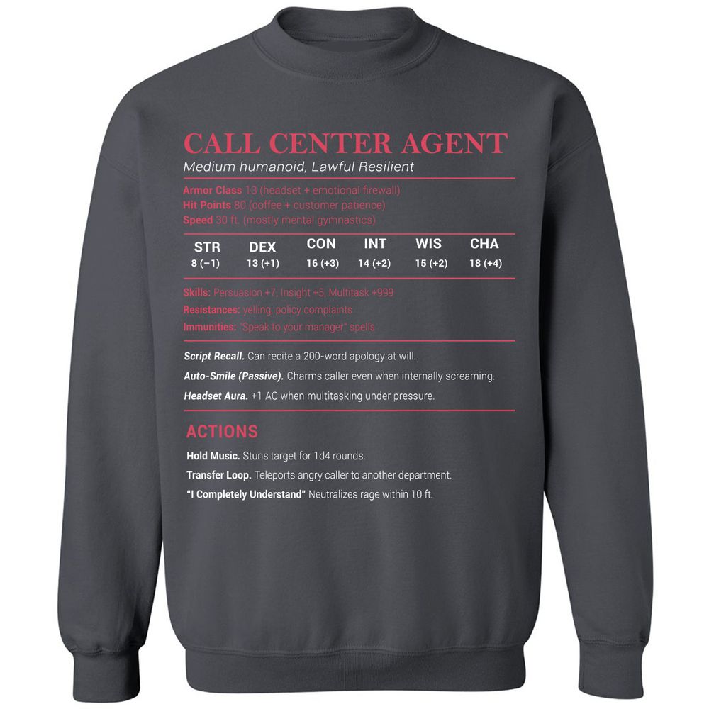 Call Center Agent Stats Classic Unisex Sweatshirt - Charcoal - 7