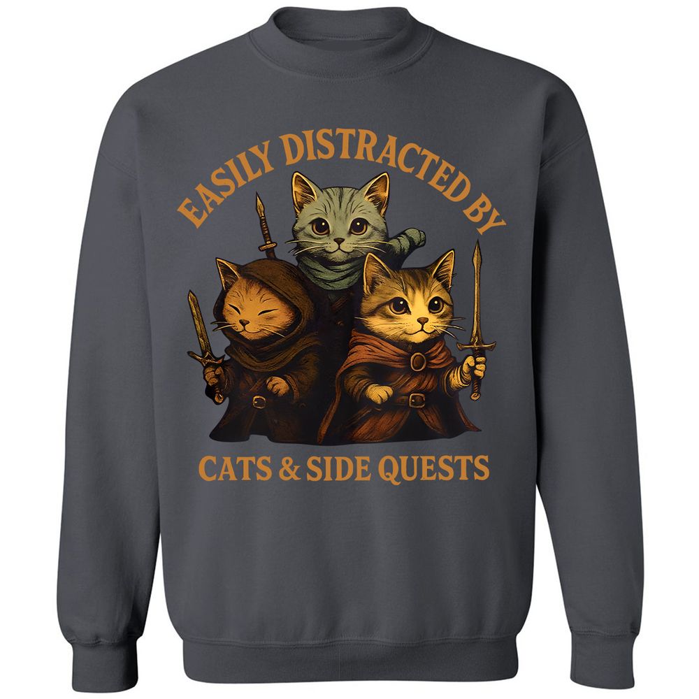 Easily Distracted By Cats & Side Quests Classic Unisex Sweatshirt - Charcoal - 7
