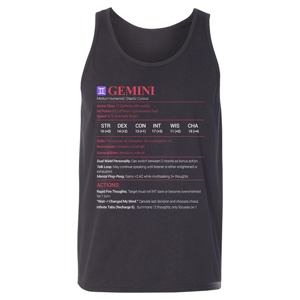 Gemini Stats Unisex Jersey Tank - Dark Grey - 7