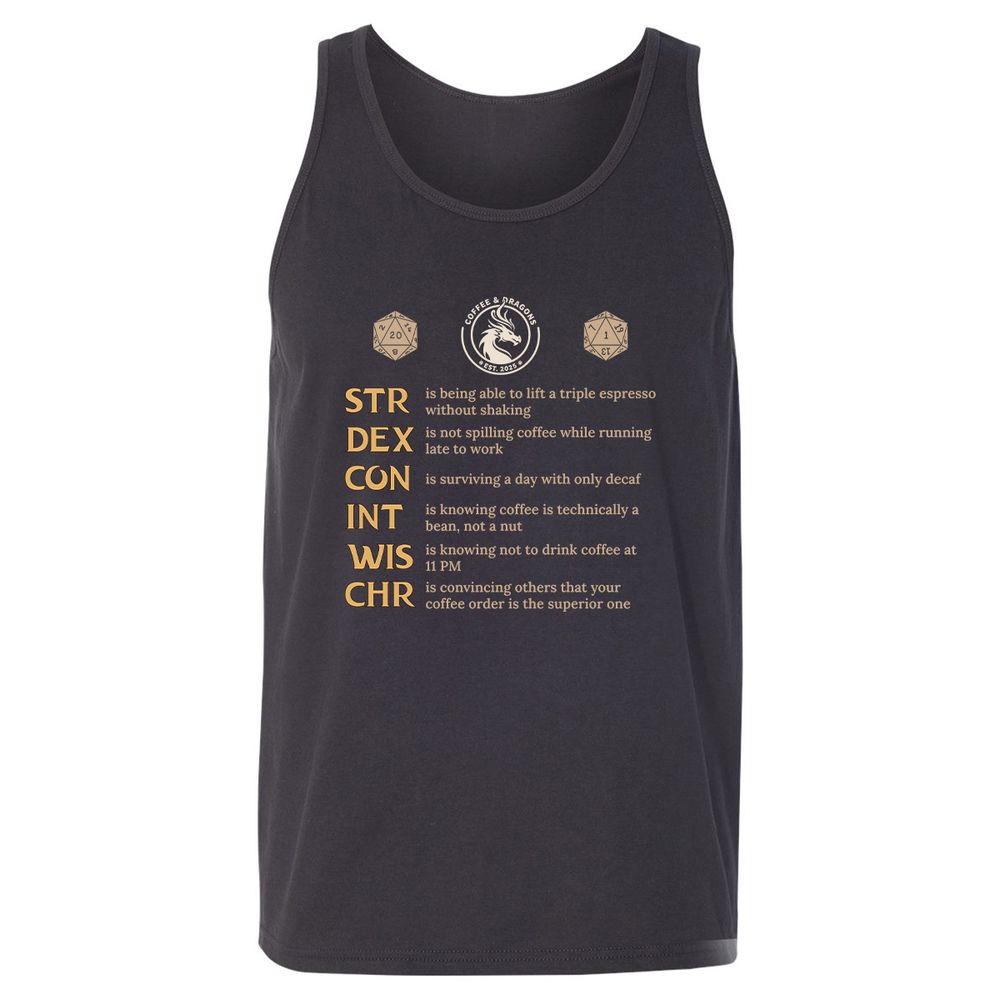 Coffee & Dragons RPG Stats Unisex Jersey Tank - Dark Grey - 7