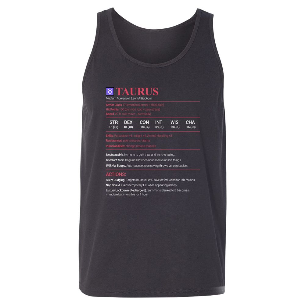 Taurus Stats Unisex Jersey Tank - Dark Grey - 7