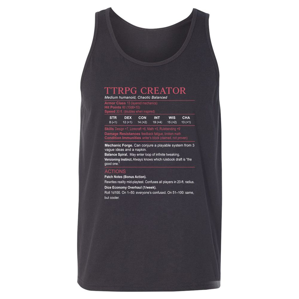 TTRPG Creator Stats Unisex Jersey Tank - Dark Grey - 7