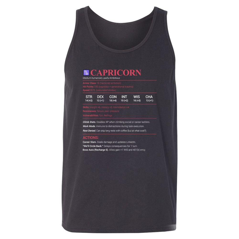 Capricorn Stats Unisex Jersey Tank - Dark Grey - 7