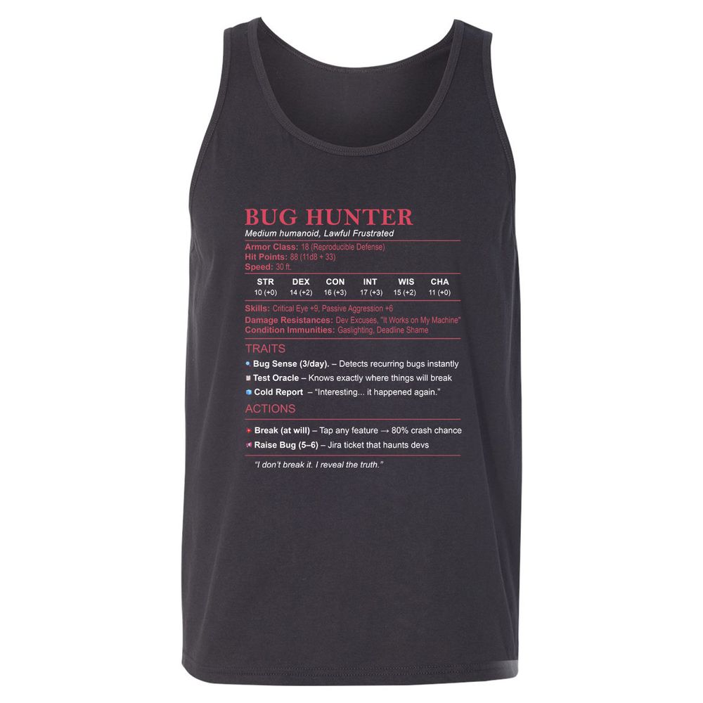 Tester Stats (Bug Hunter) Unisex Jersey Tank - Dark Grey - 7