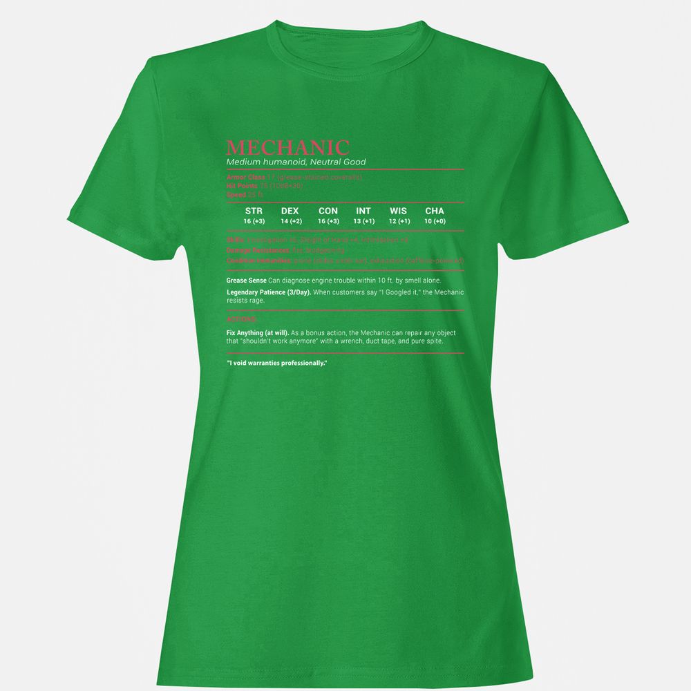 Mechanic Stats Women's T-Shirt - Irish Green - 7