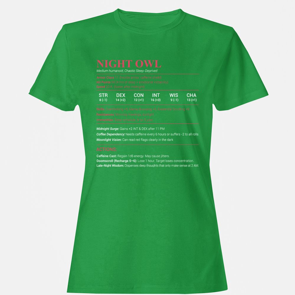 Night Owl Stats Women's T-Shirt - Irish Green - 7