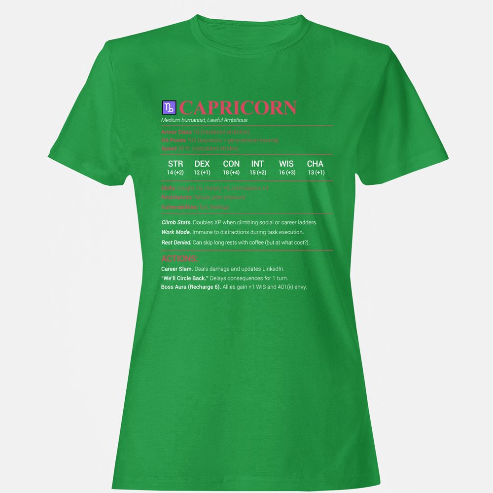 Capricorn Stats Women's T-Shirt - Irish Green - 7