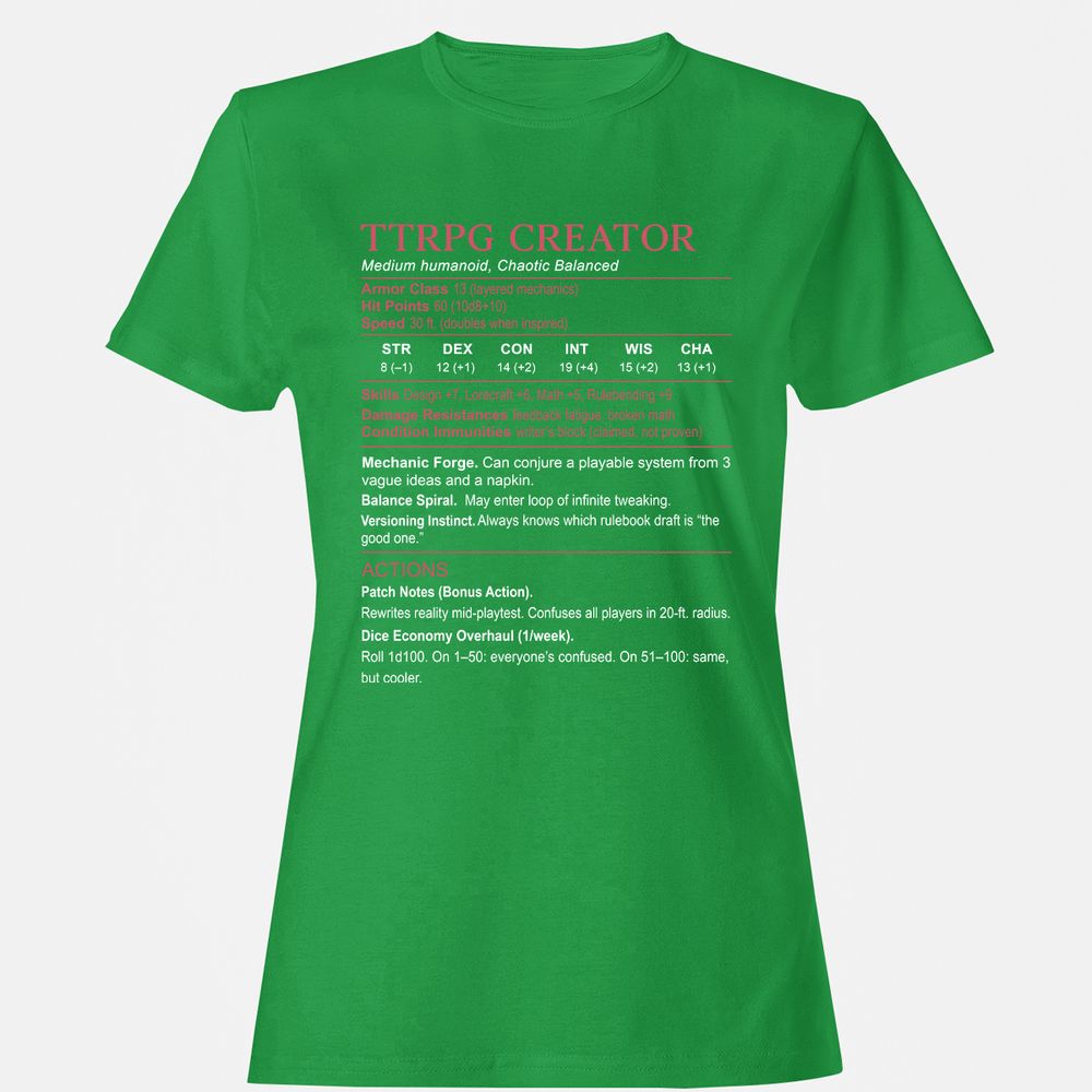 TTRPG Creator Stats Women's T-Shirt - Irish Green - 7