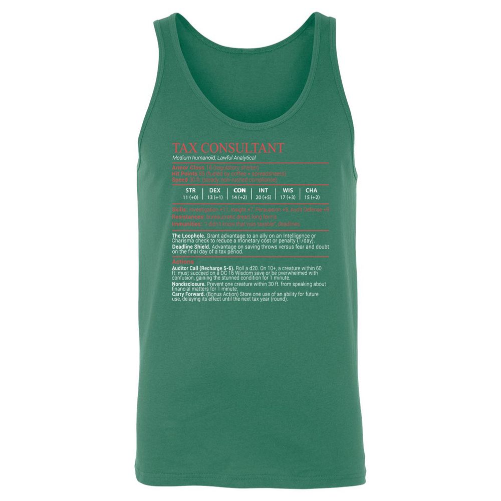 Tax Consultant Stats Block Unisex Jersey Tank - Kelly - 7