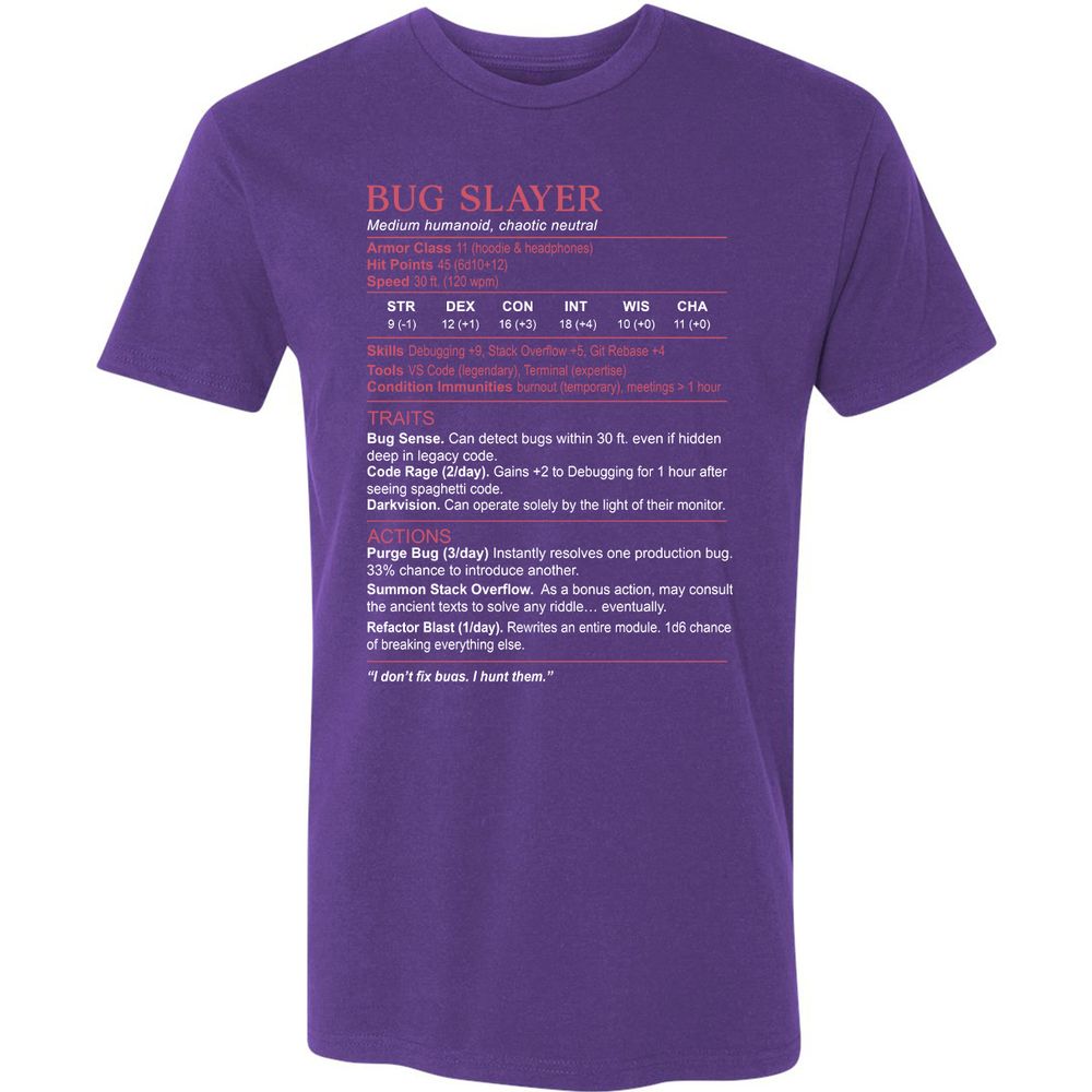 Software Engineer Stats (Bug Slayer) Premium Unisex T-Shirt - Purple Rush - 7