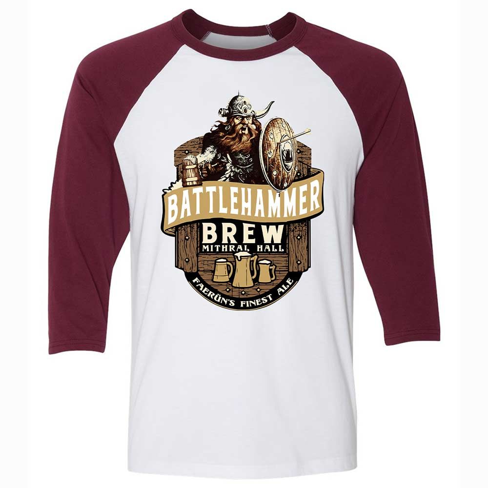 Battlehammer Brew Unisex 3/4 Baseball Tee - White/Maroon - 7
