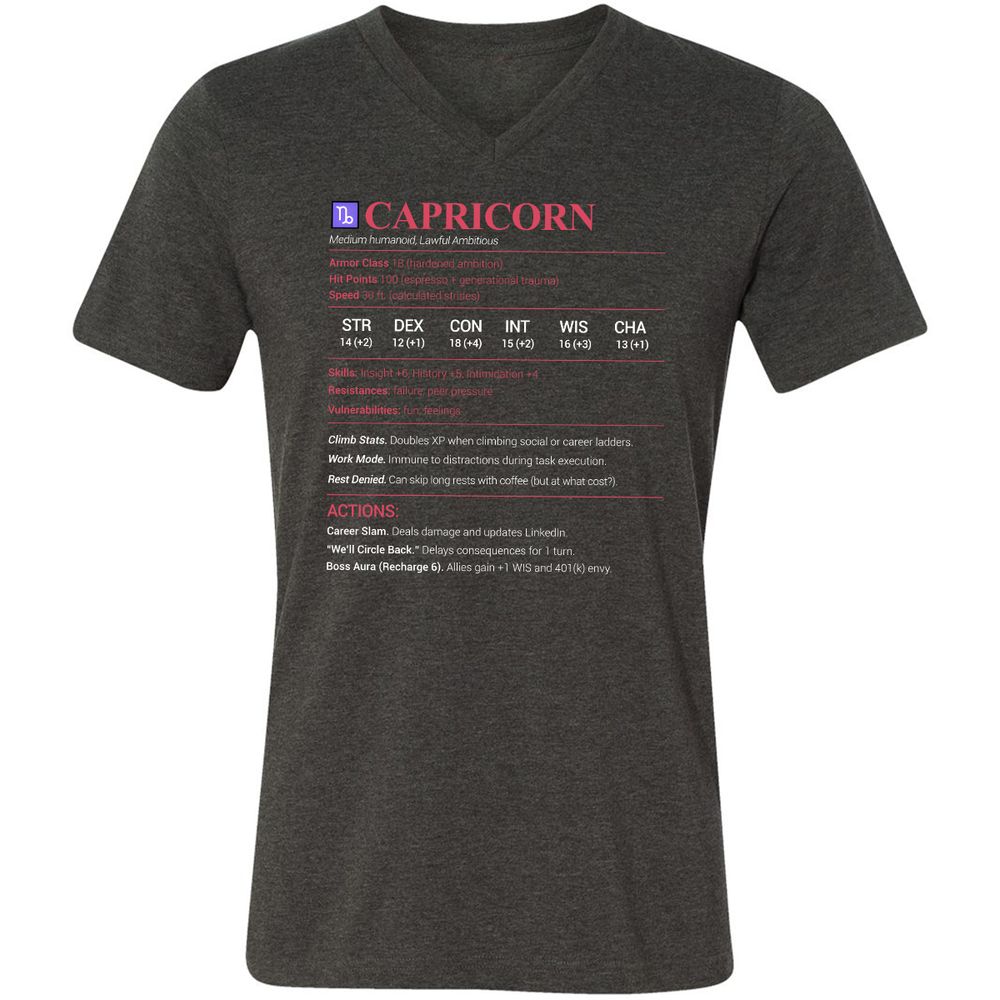 Capricorn Stats Unisex V-Neck T-Shirt - Dark Grey Heather - 8