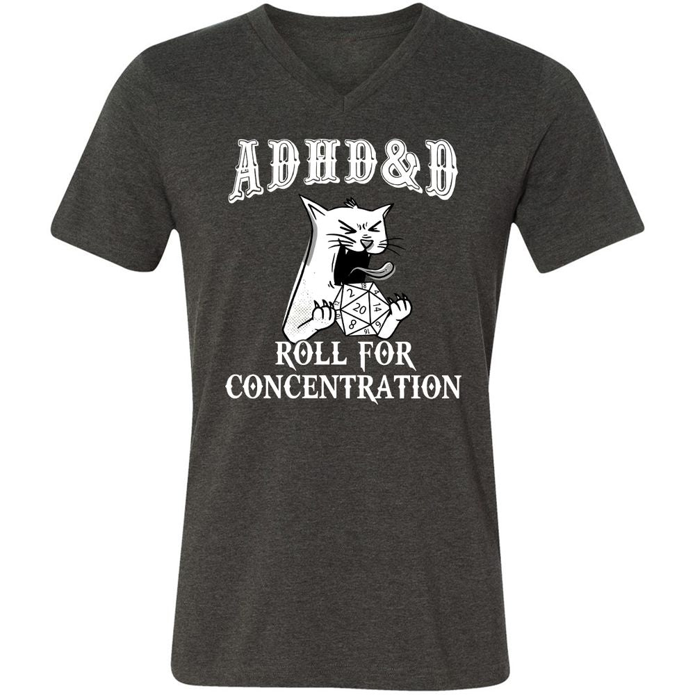 Cat ADHD&D Roll For Concentration Unisex V-Neck T-Shirt - Dark Grey Heather - 8