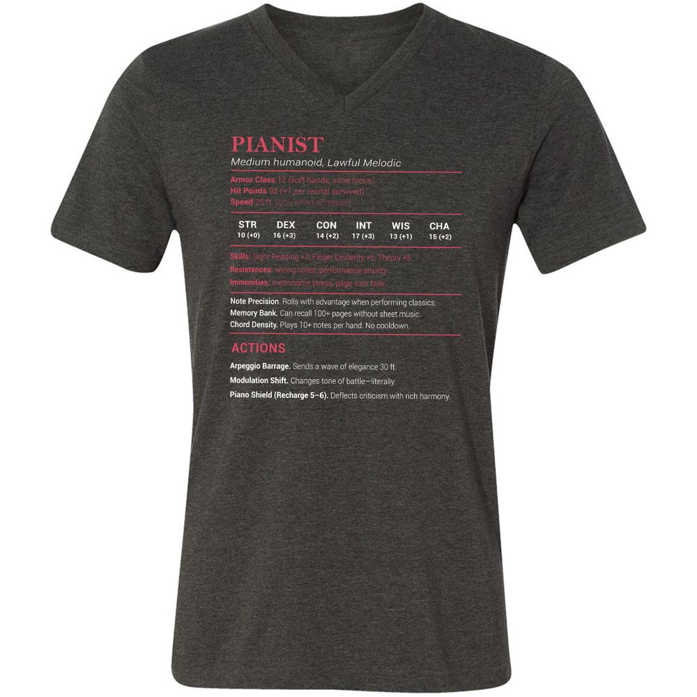 Pianist Stats Unisex V-Neck T-Shirt - Dark Grey Heather - 8