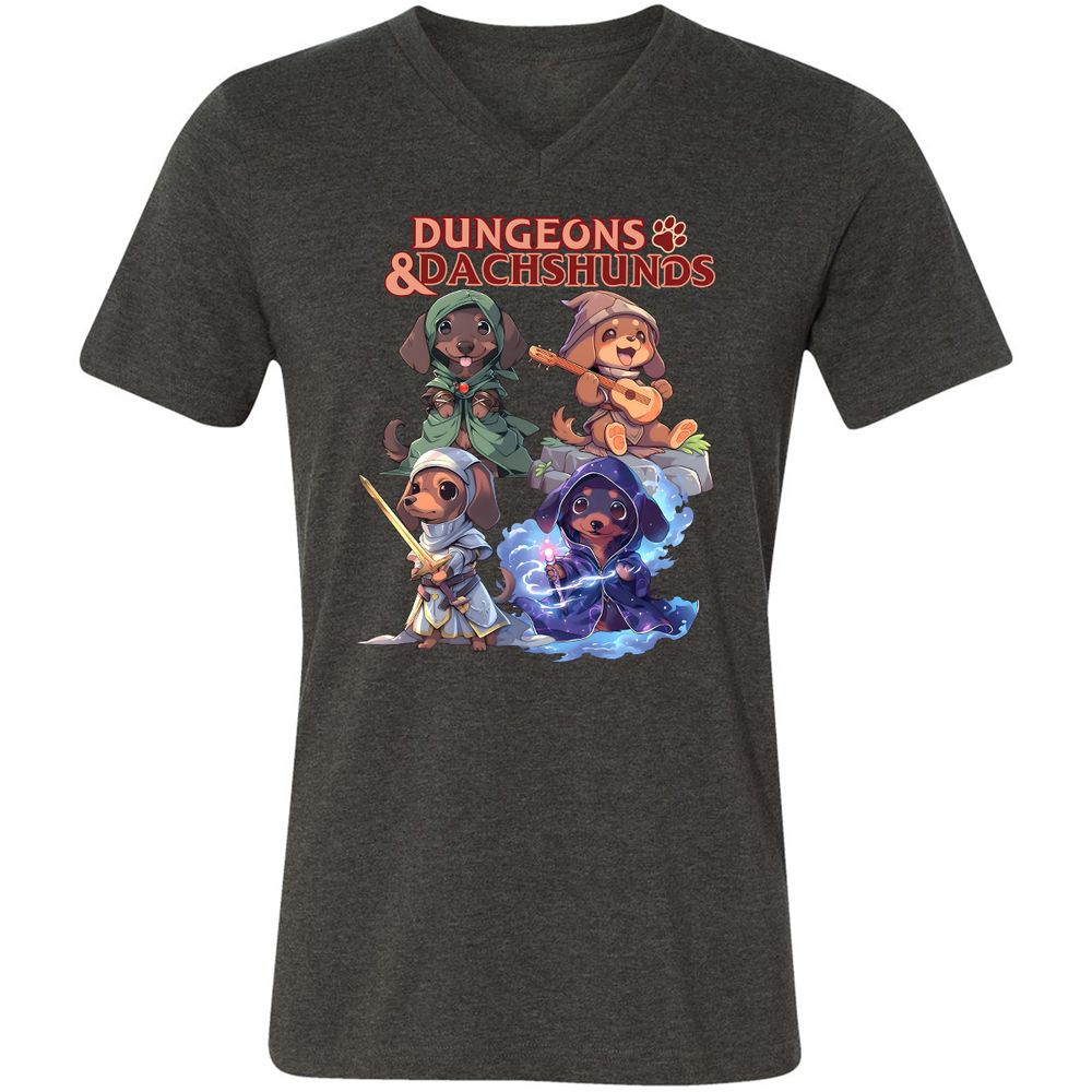 Dungeons & Dachshunds Unisex V-Neck T-Shirt - Dark Grey Heather - 8