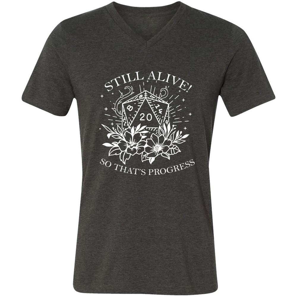 2710 Still Alive! So That’s Progress Unisex V-Neck T-Shirt - Dark Grey Heather - 8