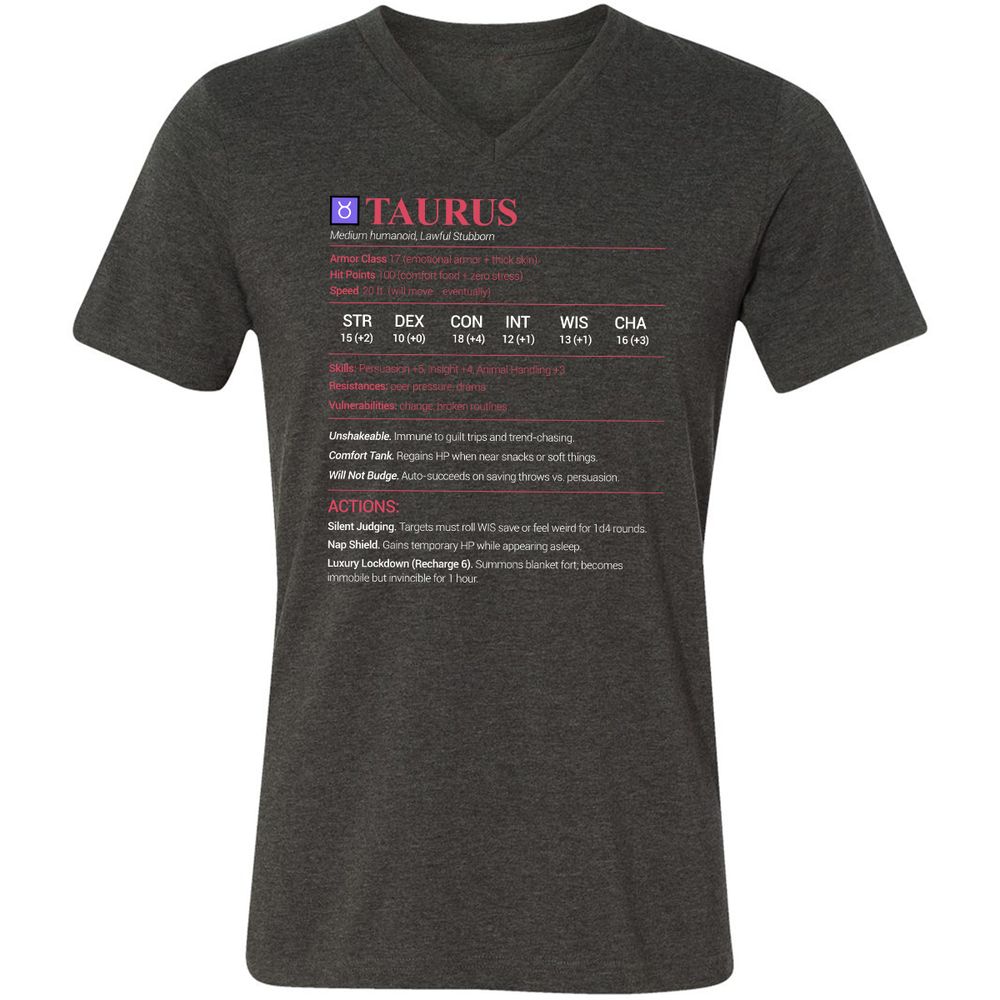 Taurus Stats Unisex V-Neck T-Shirt - Dark Grey Heather - 8