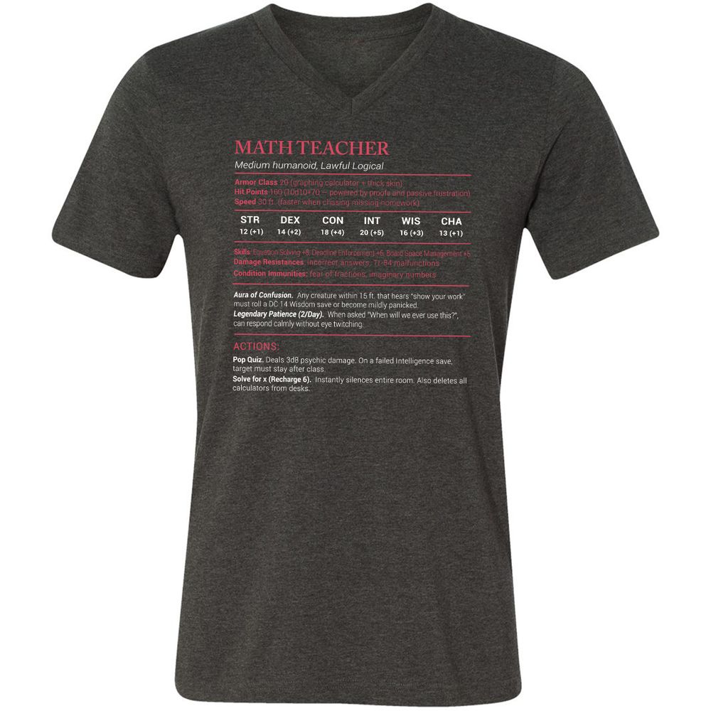 Math Teacher Stats Unisex V-Neck T-Shirt - Dark Grey Heather - 8