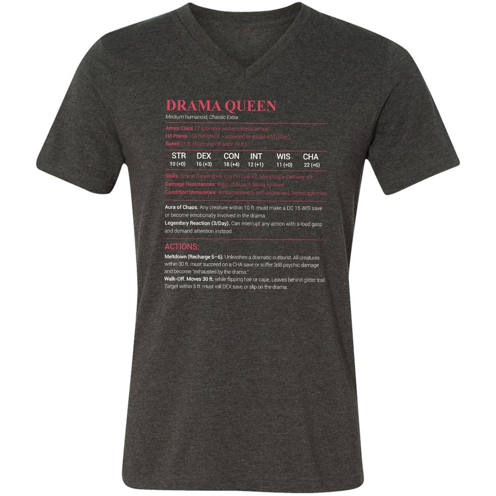 Drama Queen Unisex V-Neck T-Shirt - Dark Grey Heather - 8