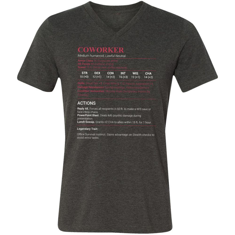 Coworker Stats Unisex V-Neck T-Shirt - Dark Grey Heather - 8