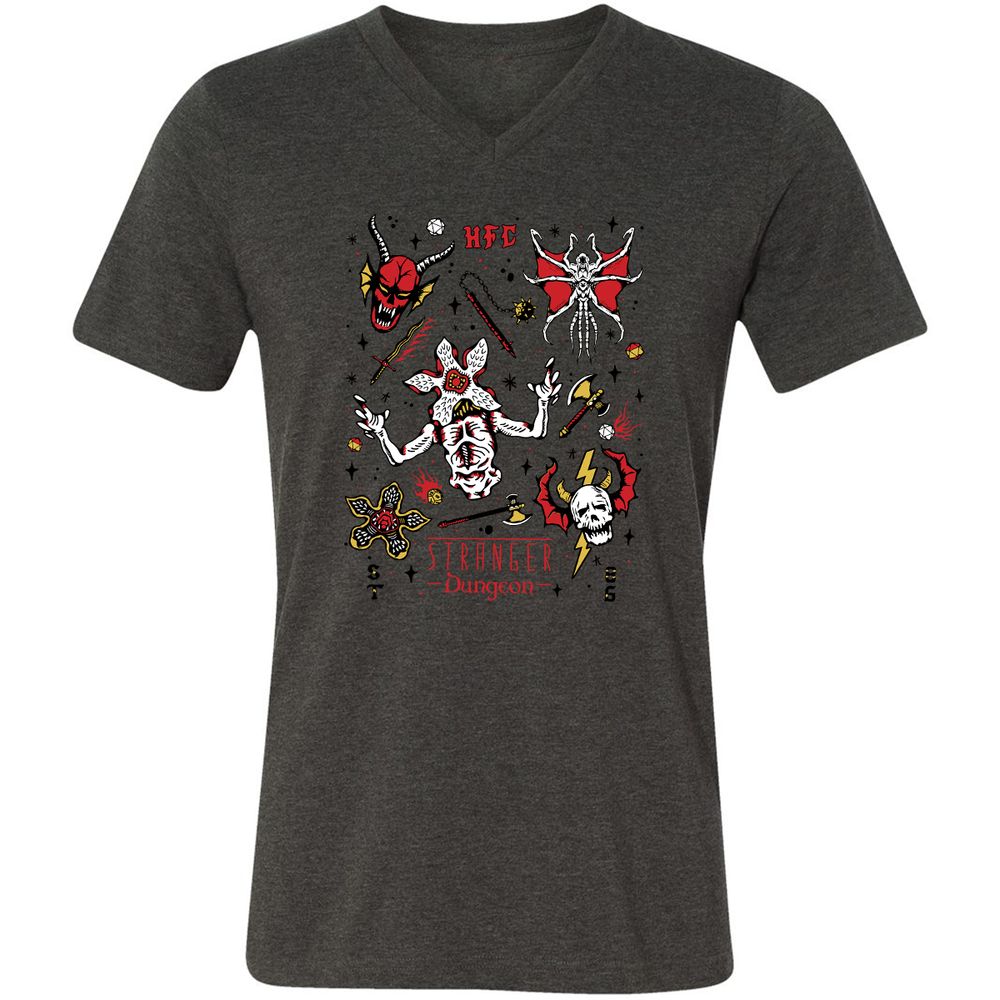 STRANGER DUNGEON Unisex V-Neck T-Shirt - Dark Grey Heather - 8