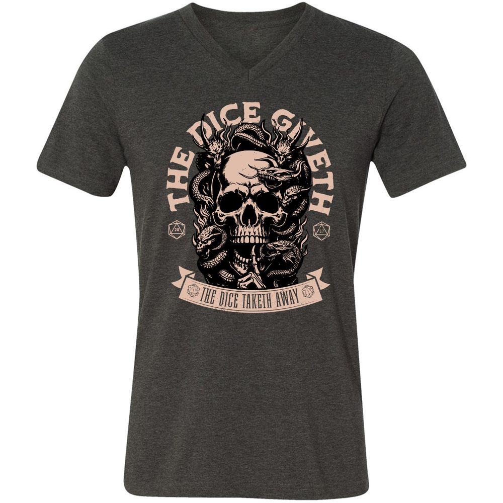 The Dice Giveth The Dice Taketh Away Unisex V-Neck T-Shirt - Dark Grey Heather - 8