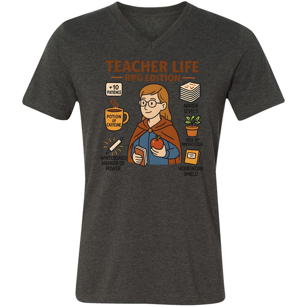 Teacher Life RPG Edition Unisex V-Neck T-Shirt - Dark Grey Heather - 8