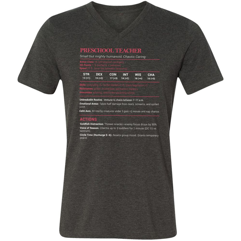 Preschool Teacher Stats Unisex V-Neck T-Shirt - Dark Grey Heather - 8