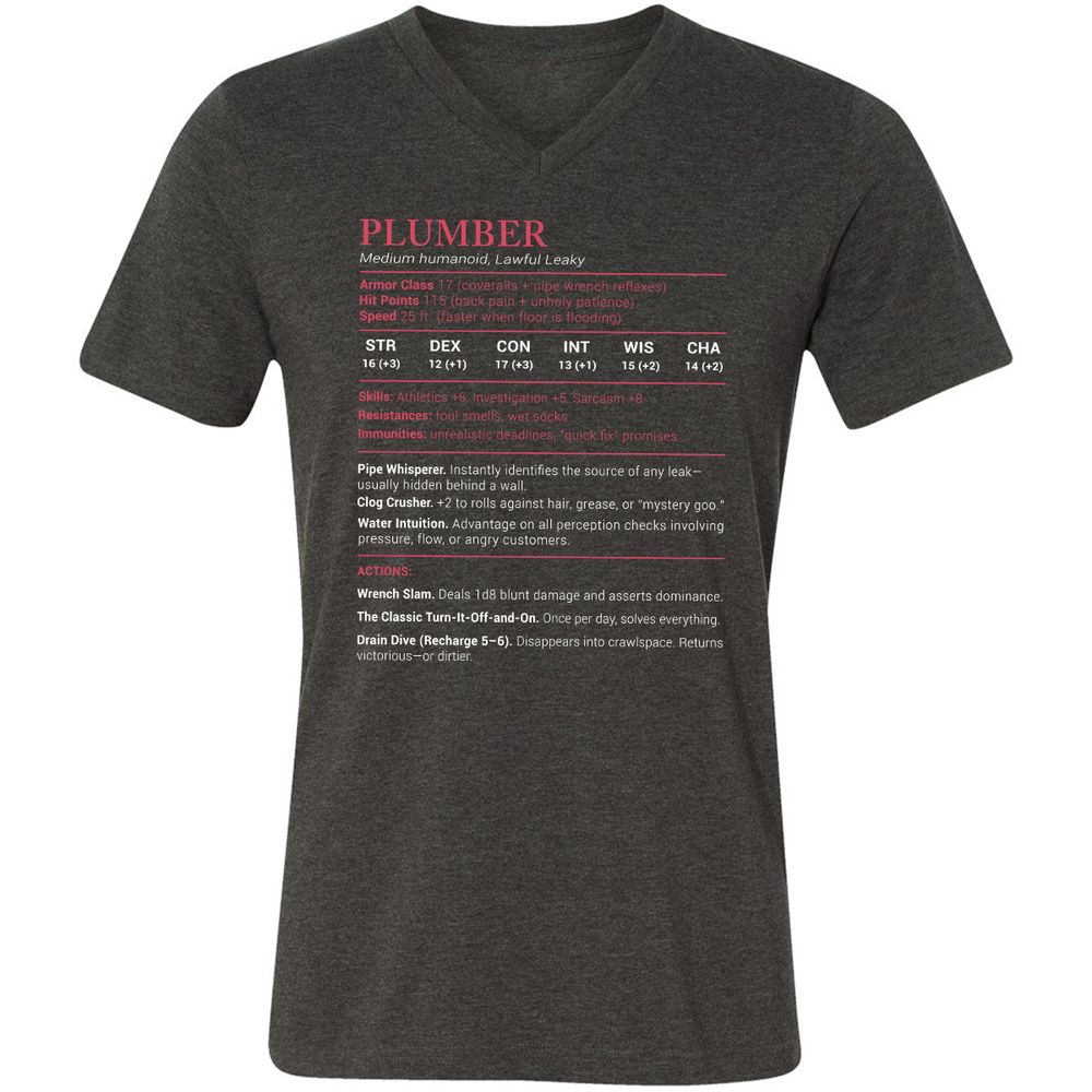 Plumber Stats Unisex V-Neck T-Shirt - Dark Grey Heather - 8