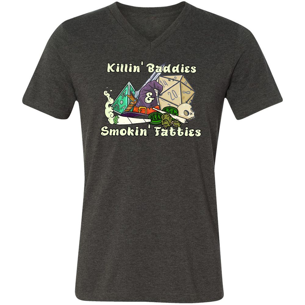 Killin' Baddies Smokin' Fatties Unisex V-Neck T-Shirt - Dark Grey Heather - 8
