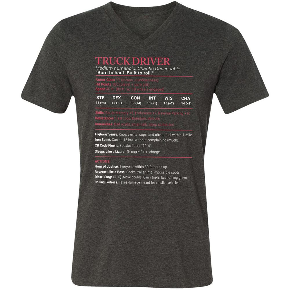 Truck Driver Stats Unisex V-Neck T-Shirt - Dark Grey Heather - 8