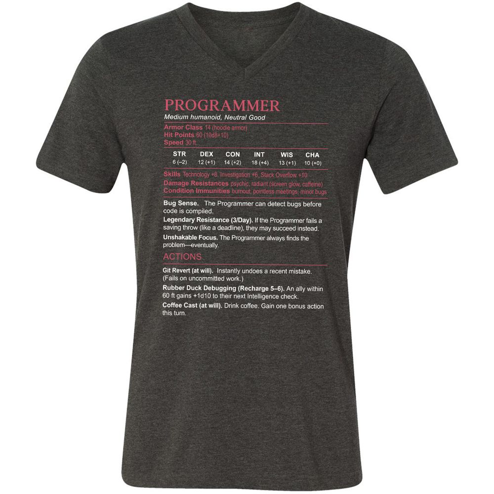 Programmer Stats Unisex V-Neck T-Shirt - Dark Grey Heather - 8