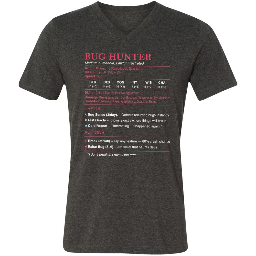 Tester Stats (Bug Hunter) Unisex V-Neck T-Shirt - Dark Grey Heather - 8