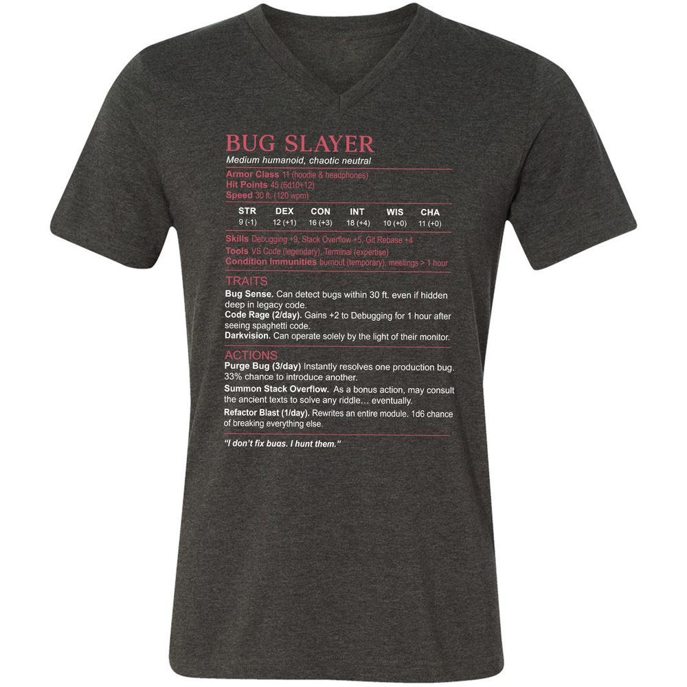 Software Engineer Stats (Bug Slayer) Unisex V-Neck T-Shirt - Dark Grey Heather - 8