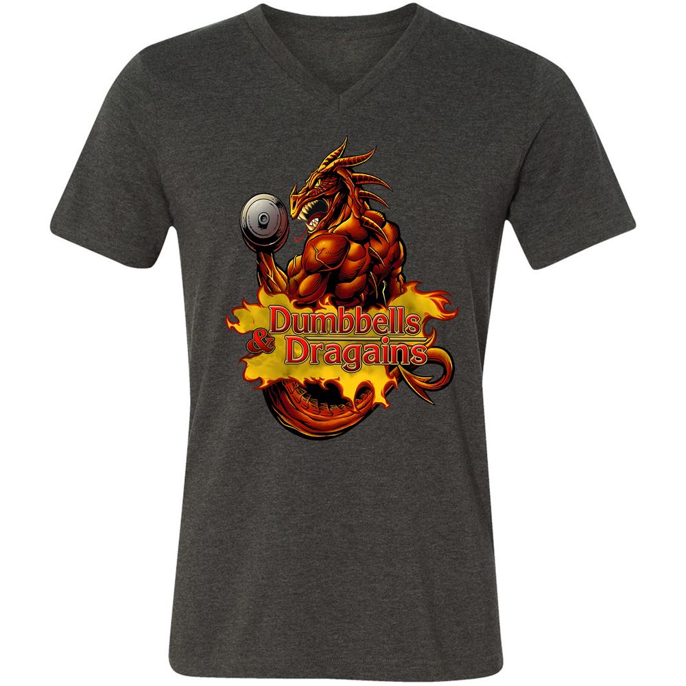 Dumbbells & Dragains Unisex V-Neck T-Shirt - Dark Grey Heather - 8