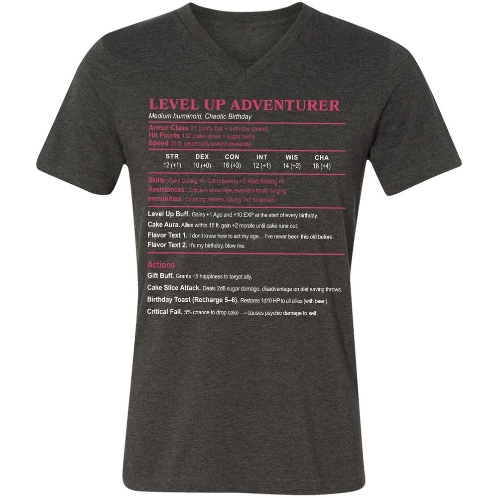 Level Up Adventurer Unisex V-Neck T-Shirt - Dark Grey Heather - 8
