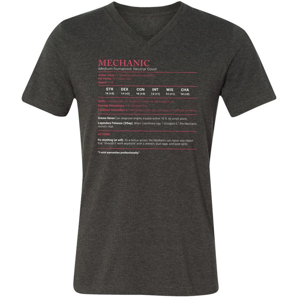 Mechanic Stats Unisex V-Neck T-Shirt - Dark Grey Heather - 8