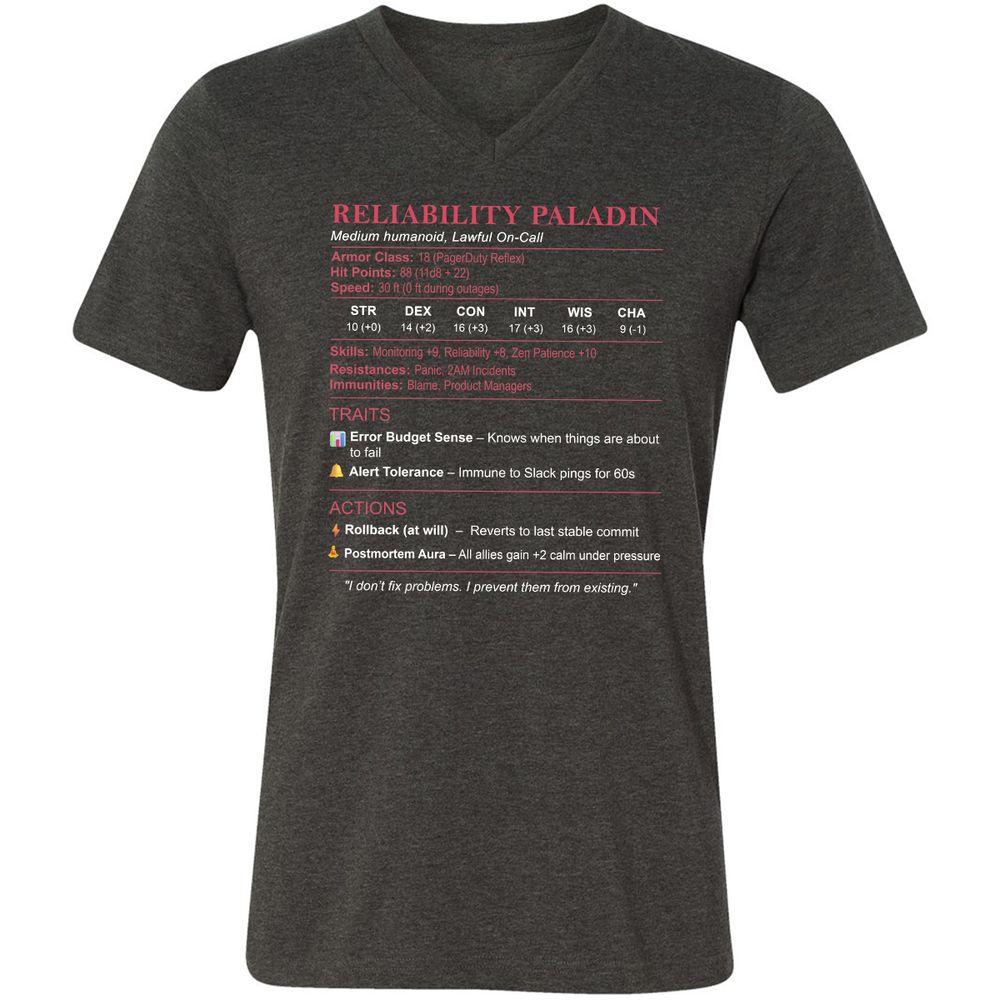 SRE Stats (Reliability Paladin) Unisex V-Neck T-Shirt - Dark Grey Heather - 8