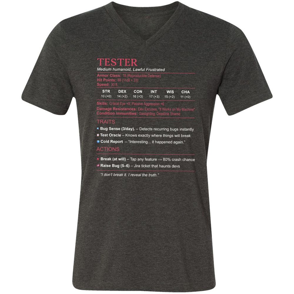Tester Stats Unisex V-Neck T-Shirt - Dark Grey Heather - 8