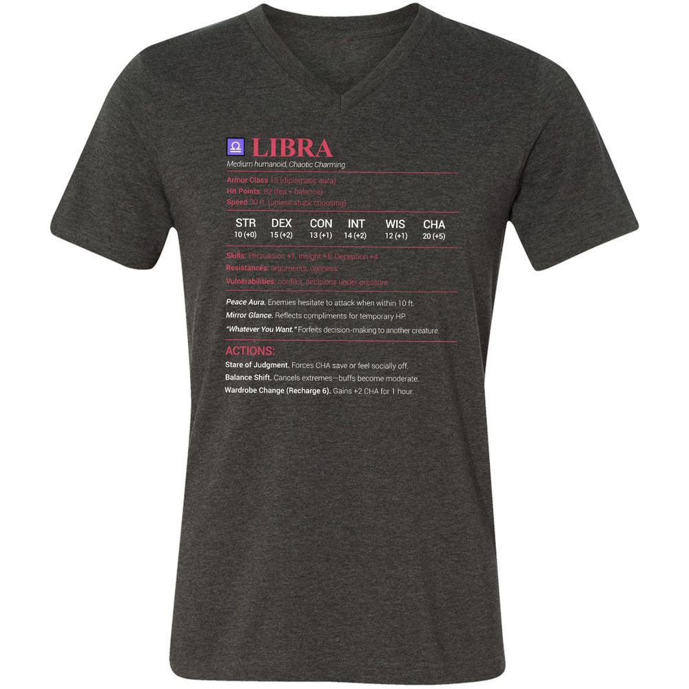 Libra Stats Unisex V-Neck T-Shirt - Dark Grey Heather - 8