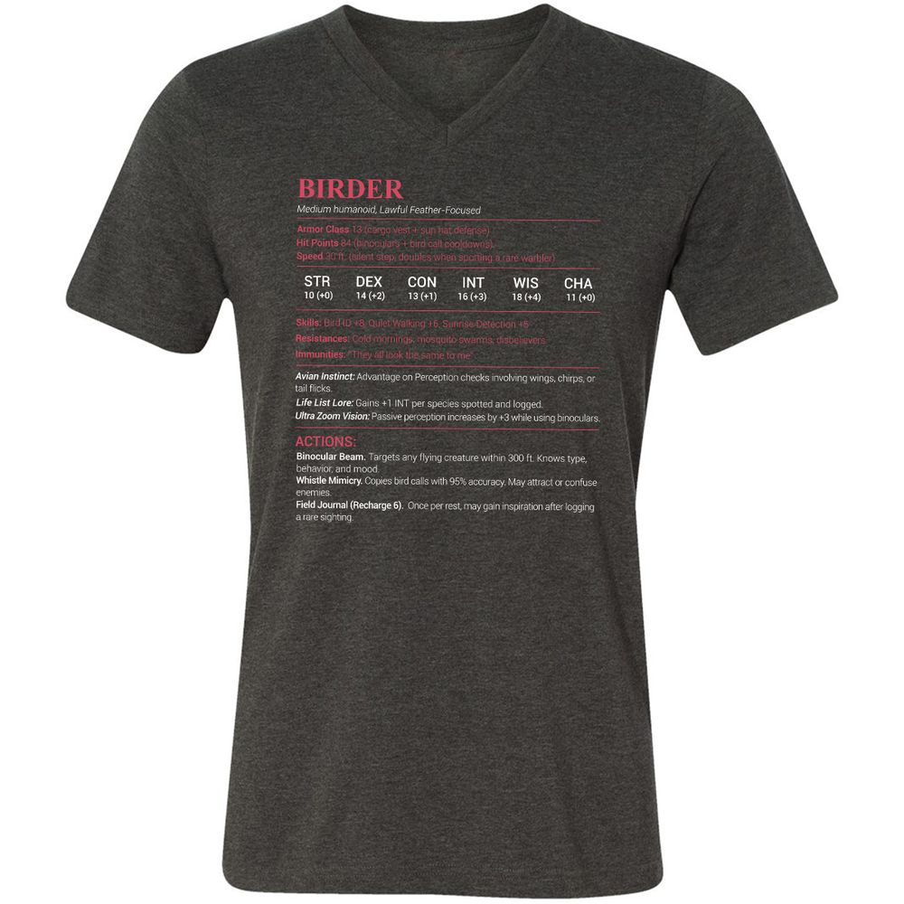 Birder Stats Unisex V-Neck T-Shirt - Dark Grey Heather - 8