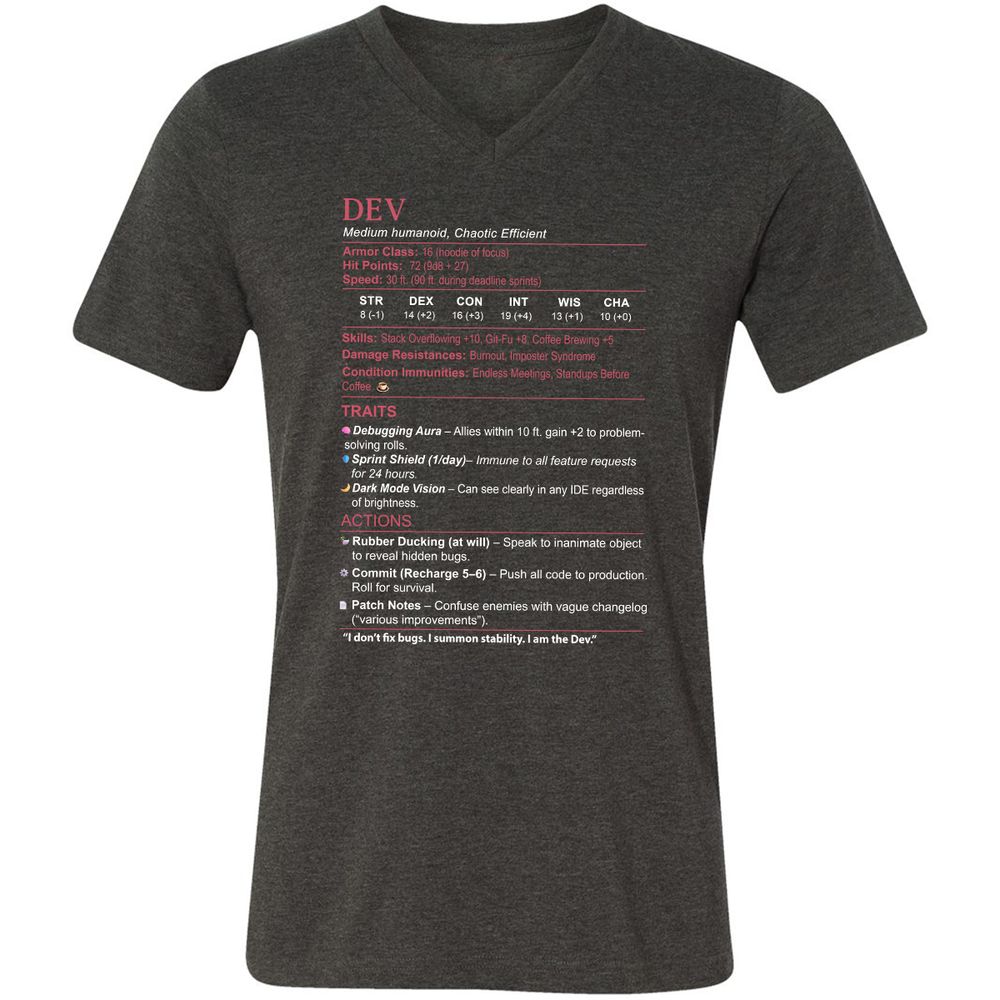 DEV Stats Unisex V-Neck T-Shirt - Dark Grey Heather - 8