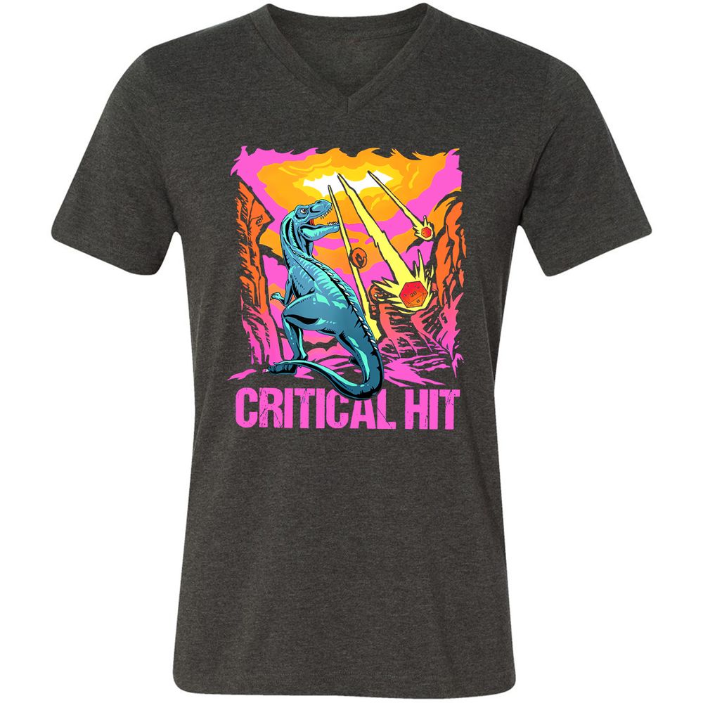 Dinosaur Critical Hit Unisex V-Neck T-Shirt - Dark Grey Heather - 8