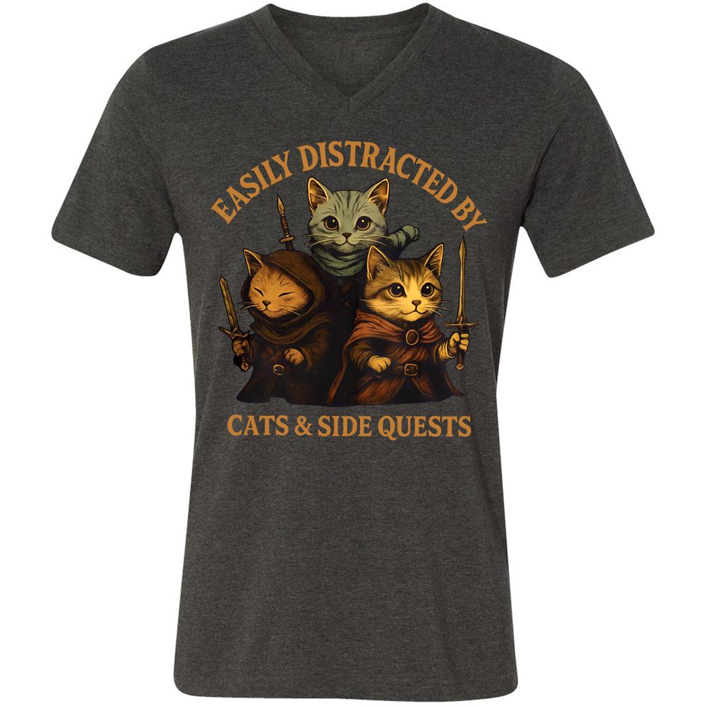 Easily Distracted By Cats & Side Quests Unisex V-Neck T-Shirt - Dark Grey Heather - 8