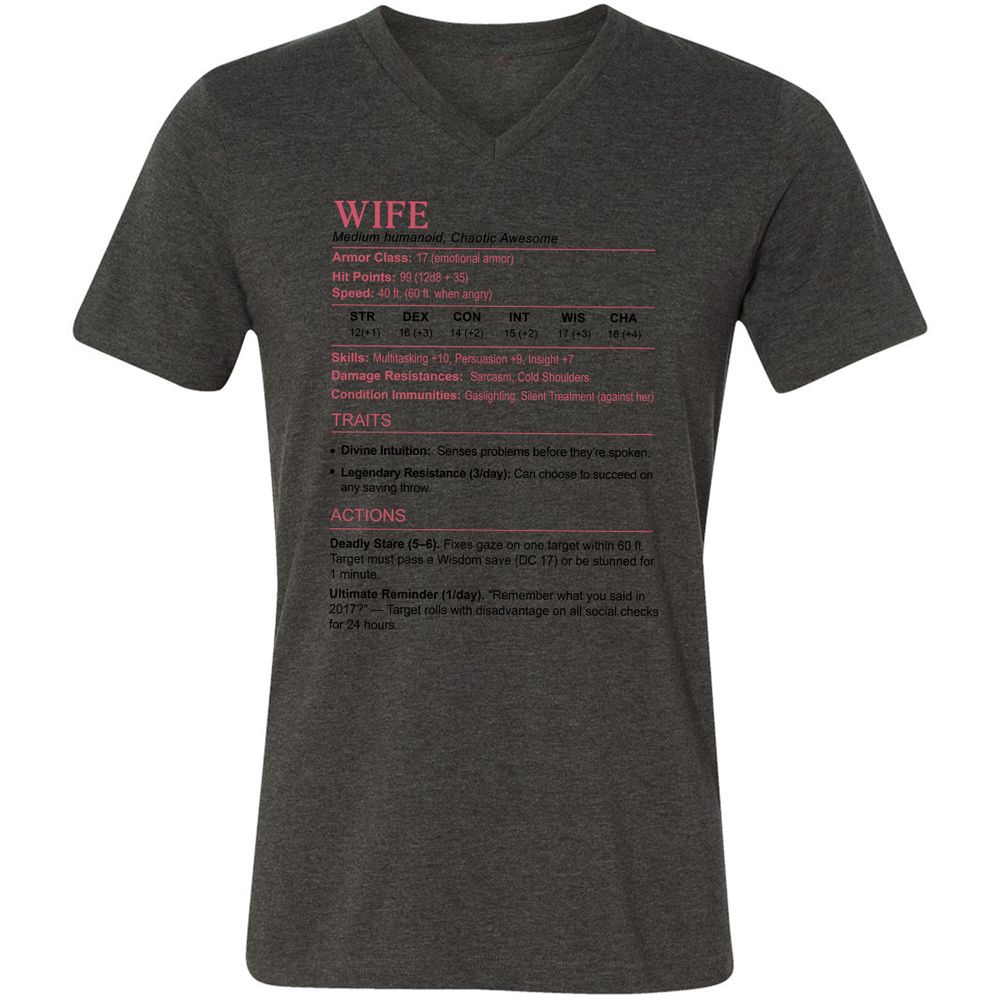 Wife Stats 2 Unisex V-Neck T-Shirt - Dark Grey Heather - 8