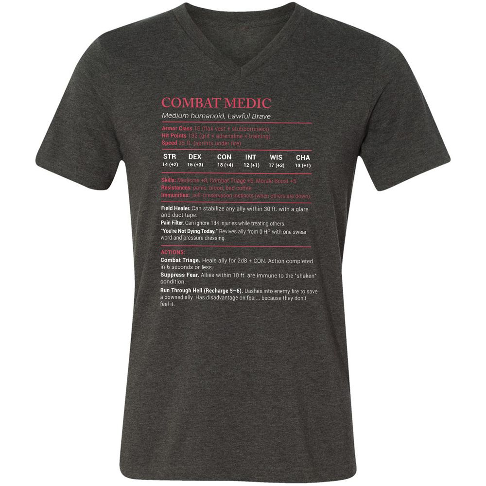 Combat Medic Stats Unisex V-Neck T-Shirt - Dark Grey Heather - 8