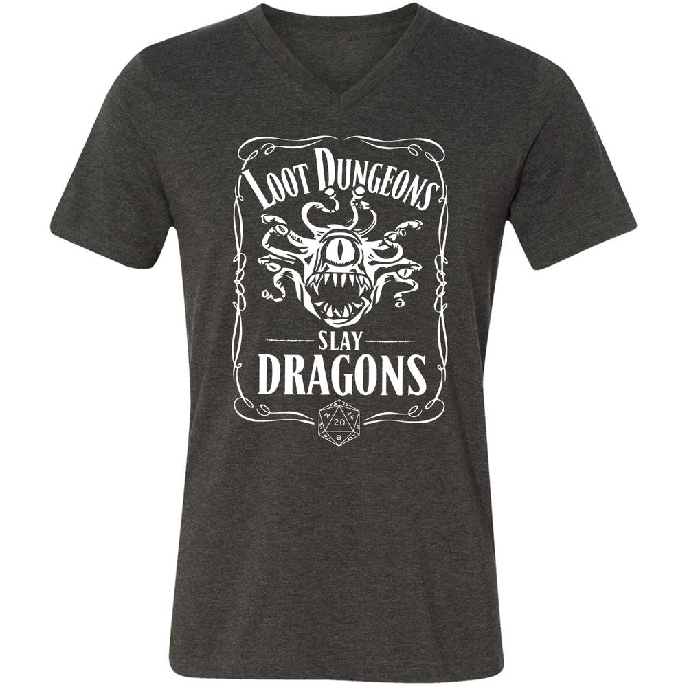 Loot Dungeon Slay Dragons Unisex V-Neck T-Shirt - Dark Grey Heather - 8
