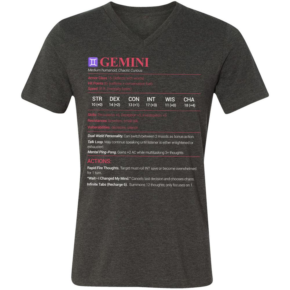 Gemini Stats Unisex V-Neck T-Shirt - Dark Grey Heather - 8