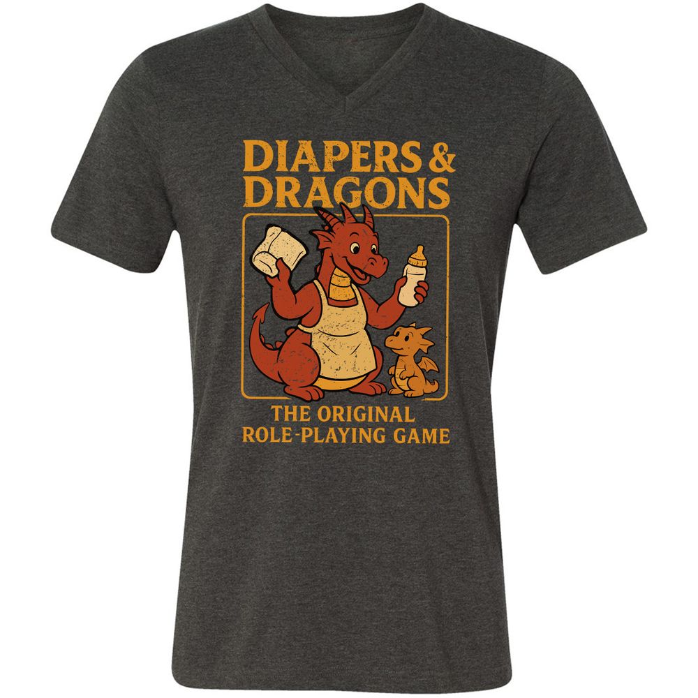Diapers & Dragons Unisex V-Neck T-Shirt - Dark Grey Heather - 8